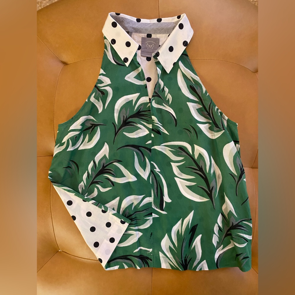 Anthropologie Vanessa Virginia Palm Leaf Polka Dot Sleeveless Blouse Top Green
